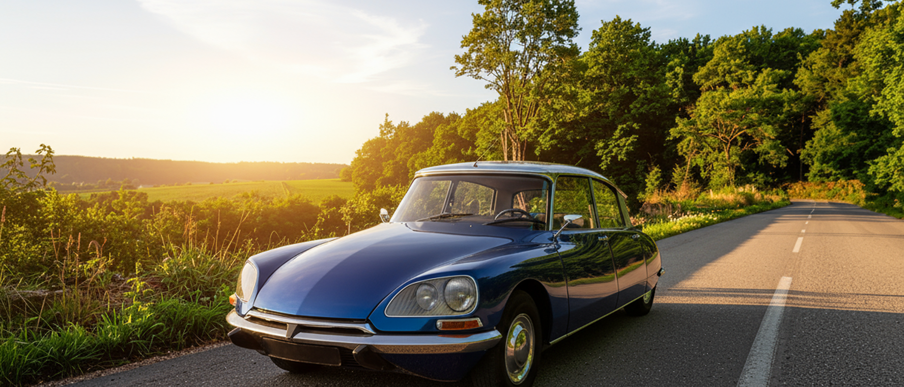 photo d'un citroen ds sur une route ensoleillé de la campagne française 