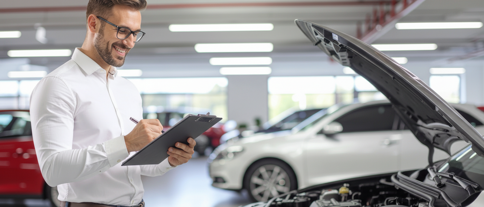 Un homme tenant un liste de chose à vérifier devant le moteur d'une voiture