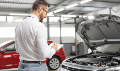 Un homem de dos devant le moteur d'une voiture